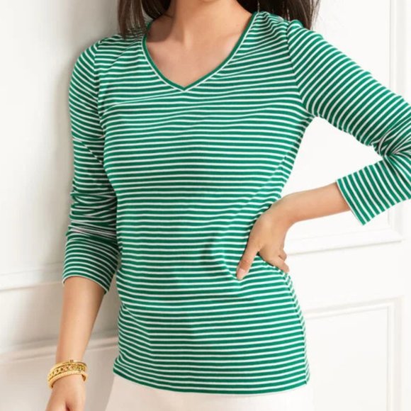 Talbots Long Sleeve V-Neck Tee Blue Stripes - Picture 5 of 5